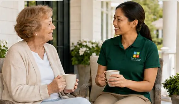 Two women sitting on a porch, each holding a cup of coffee