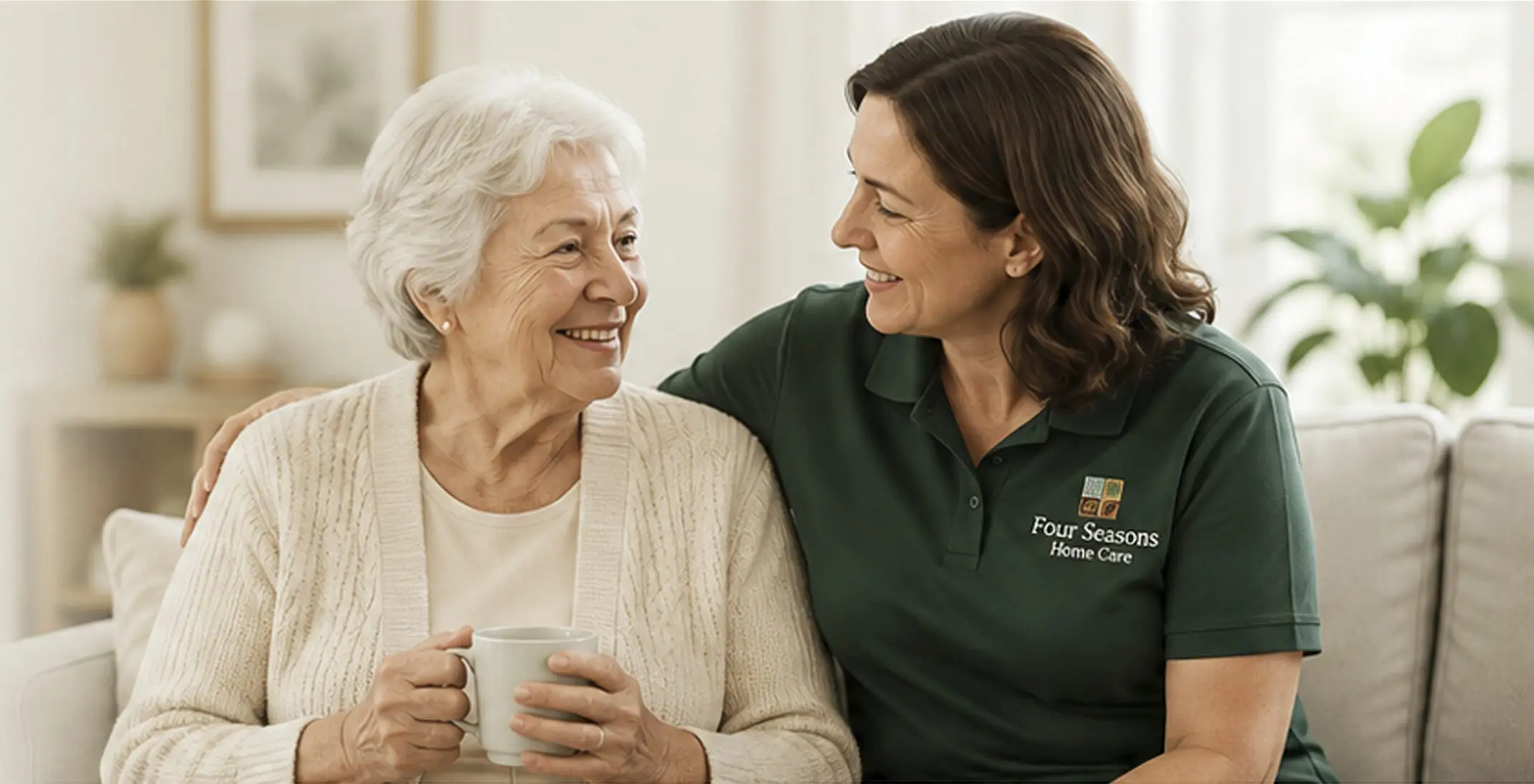 Older woman sitting on a couch with a caregiver, both of them and holding a cup of coffee