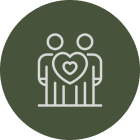 Green circle with a white line drawing of a man and woman holding hands, symbolizing a love story