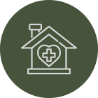 Green circle with a white background, featuring a house with a heart and a cross inside