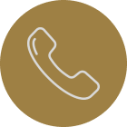 White phone icon on a brown circle against a white background