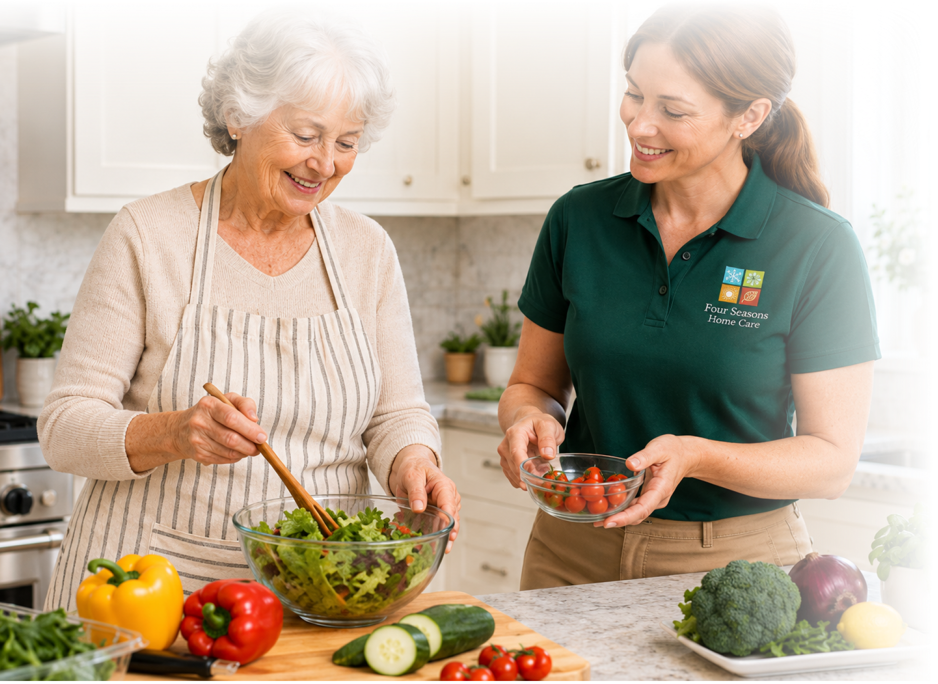 Two women in a kitchen preparing a salad together