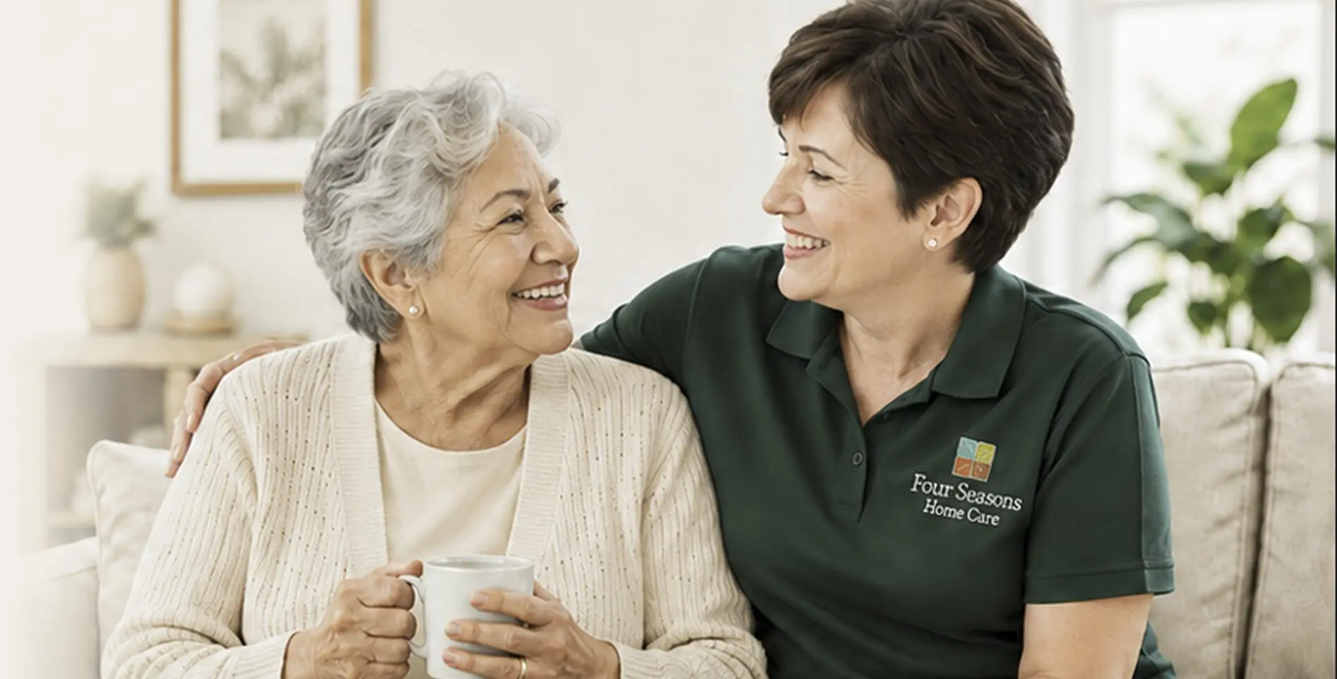 Two women sitting on a couch, and talking to each other