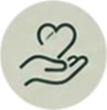 White button with a black heart in the center, symbolizing a hand holding a heart
