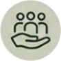 White button with a black and white icon of a hand holding a group of people