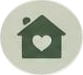 Green house with a heart in the center, set against a white background