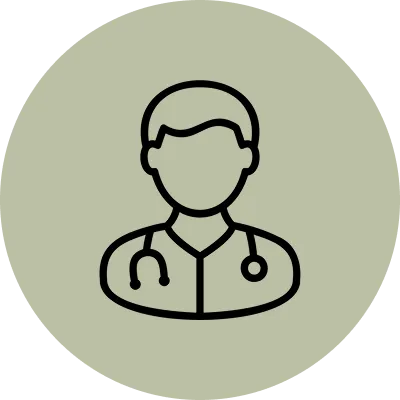 Doctor icon with a stethoscope around their neck, set against a white background
