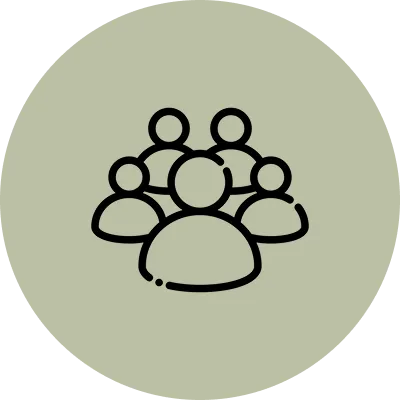 Group of people in a circle, with a black and white icon of a person in the center