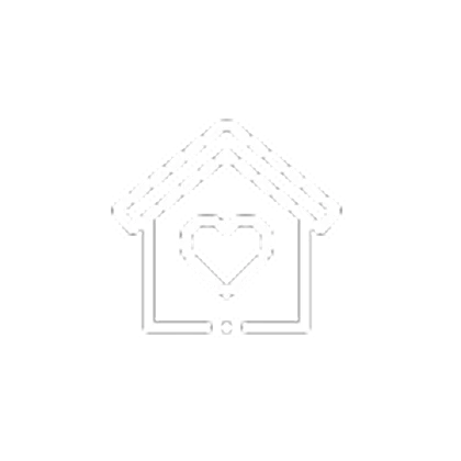 Black and white drawing of a house with a heart in the middle, surrounded by a white background