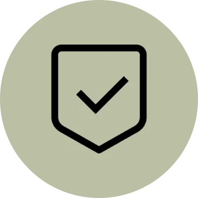 Black and white icon of a shield with a check mark in the center, indicating that it is a secure