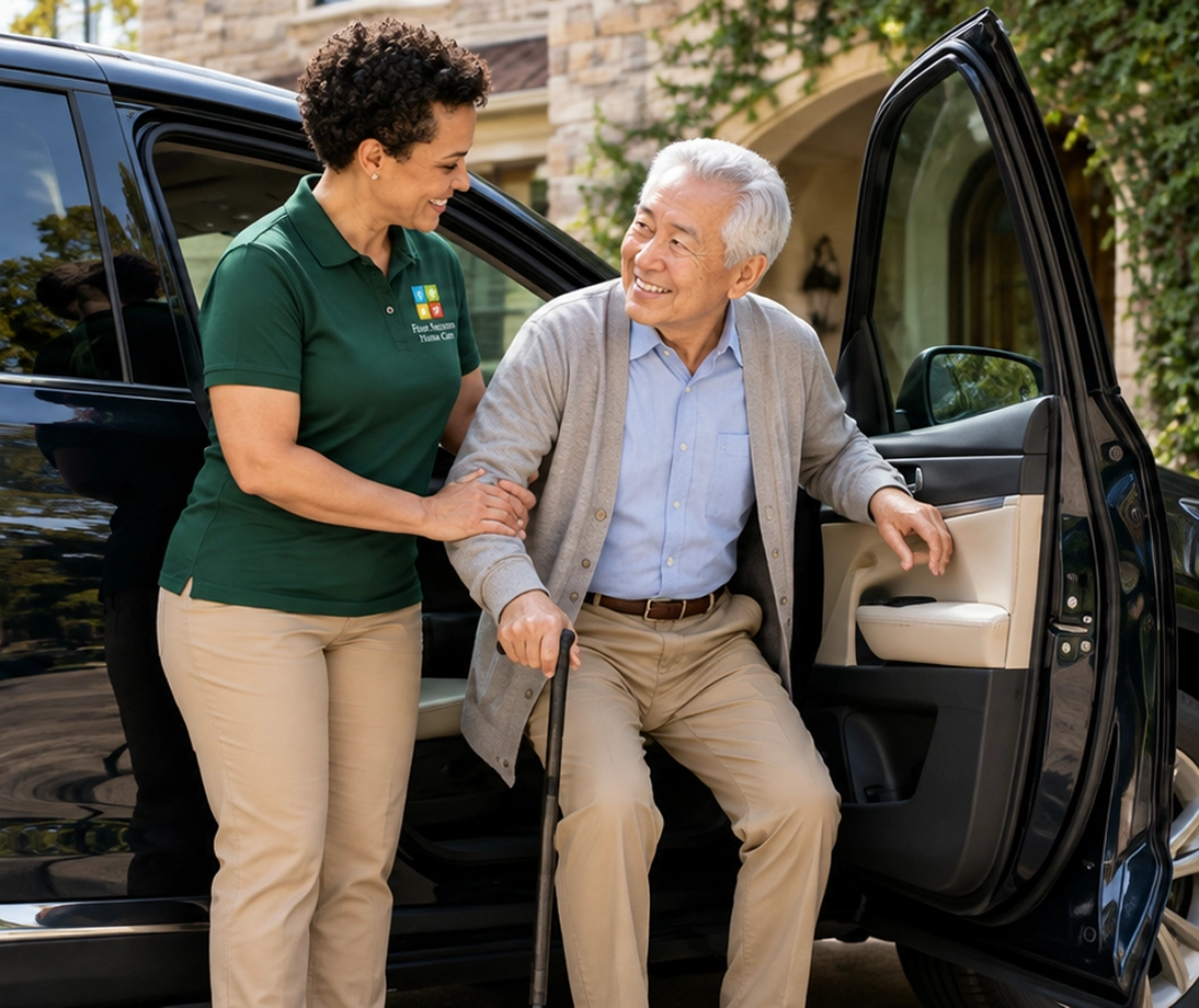 Man getting out of a car with a cane, while a woman stands beside him, holding the door open