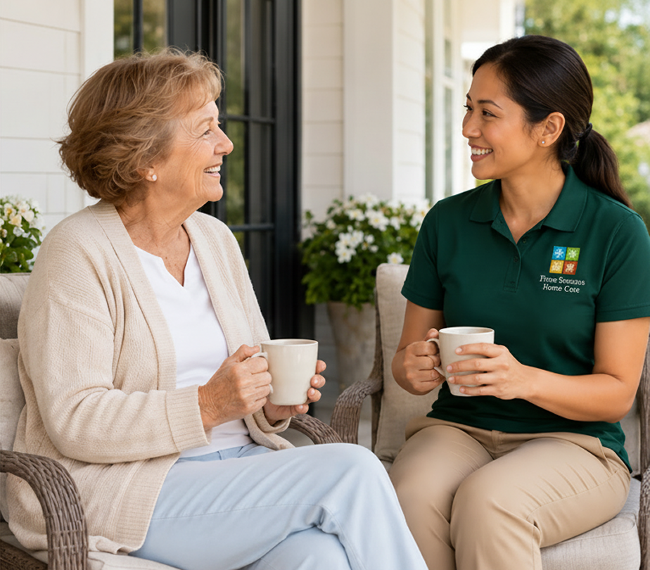 Two women sitting on a porch, each holding a cup of coffee