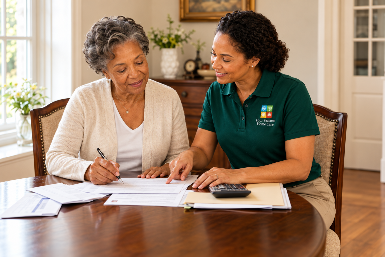 Two women sitting at a table with papers and a calculator spread out in front of them
