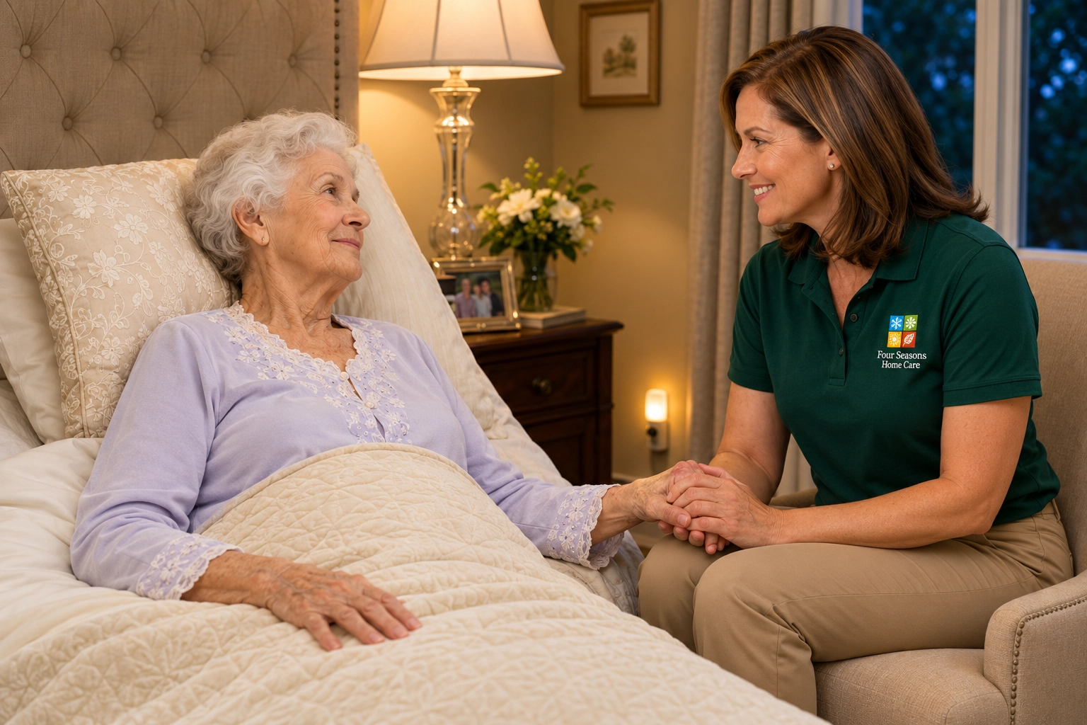 Older woman sitting in a chair next to a nurse in a home
