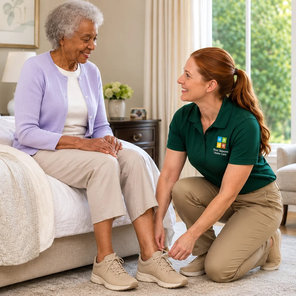 Woman sitting on a bed with a nurse kneeling down next to her